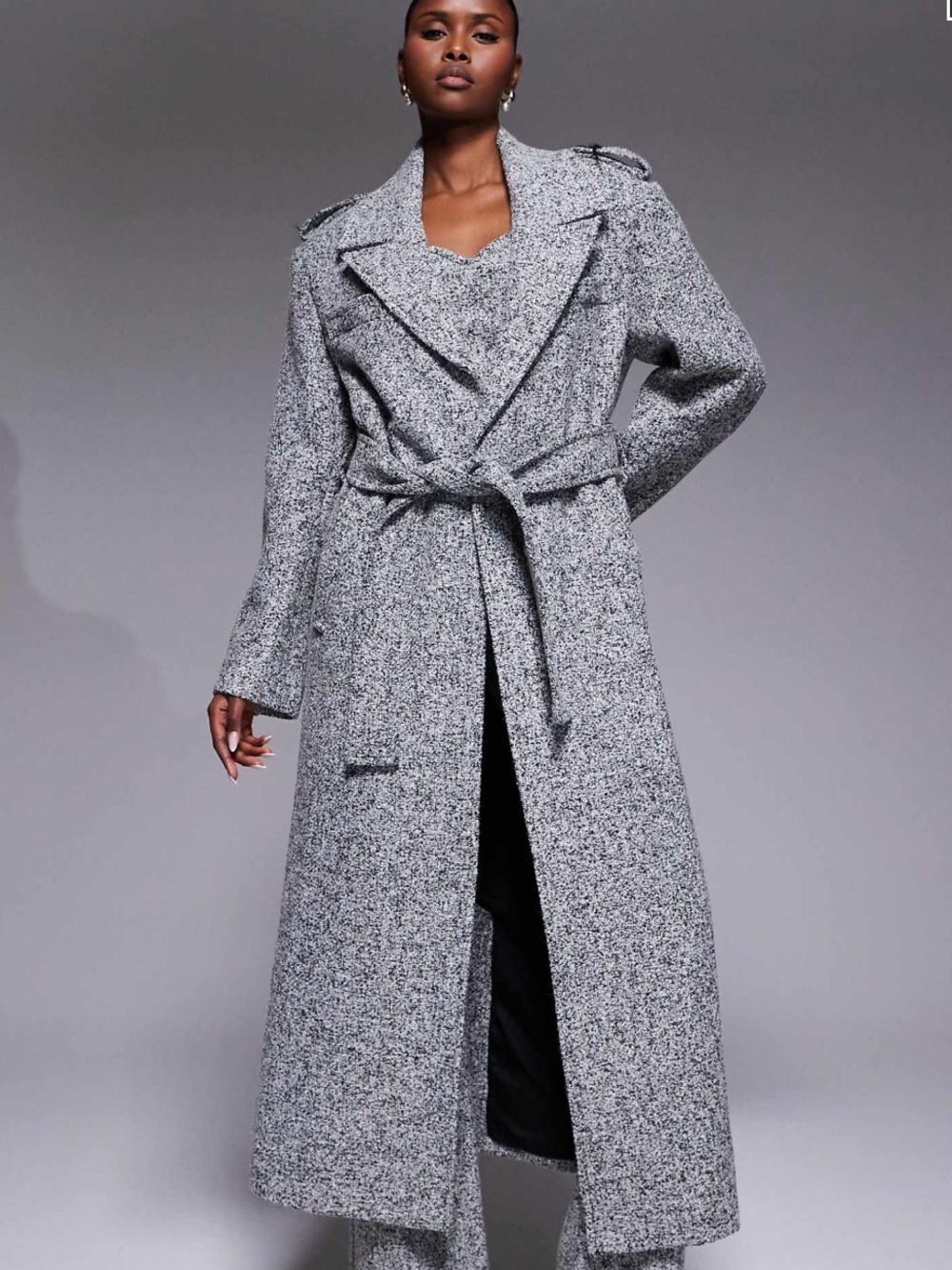 JLUXLABEL Savannah formal belted coat in gray tweed